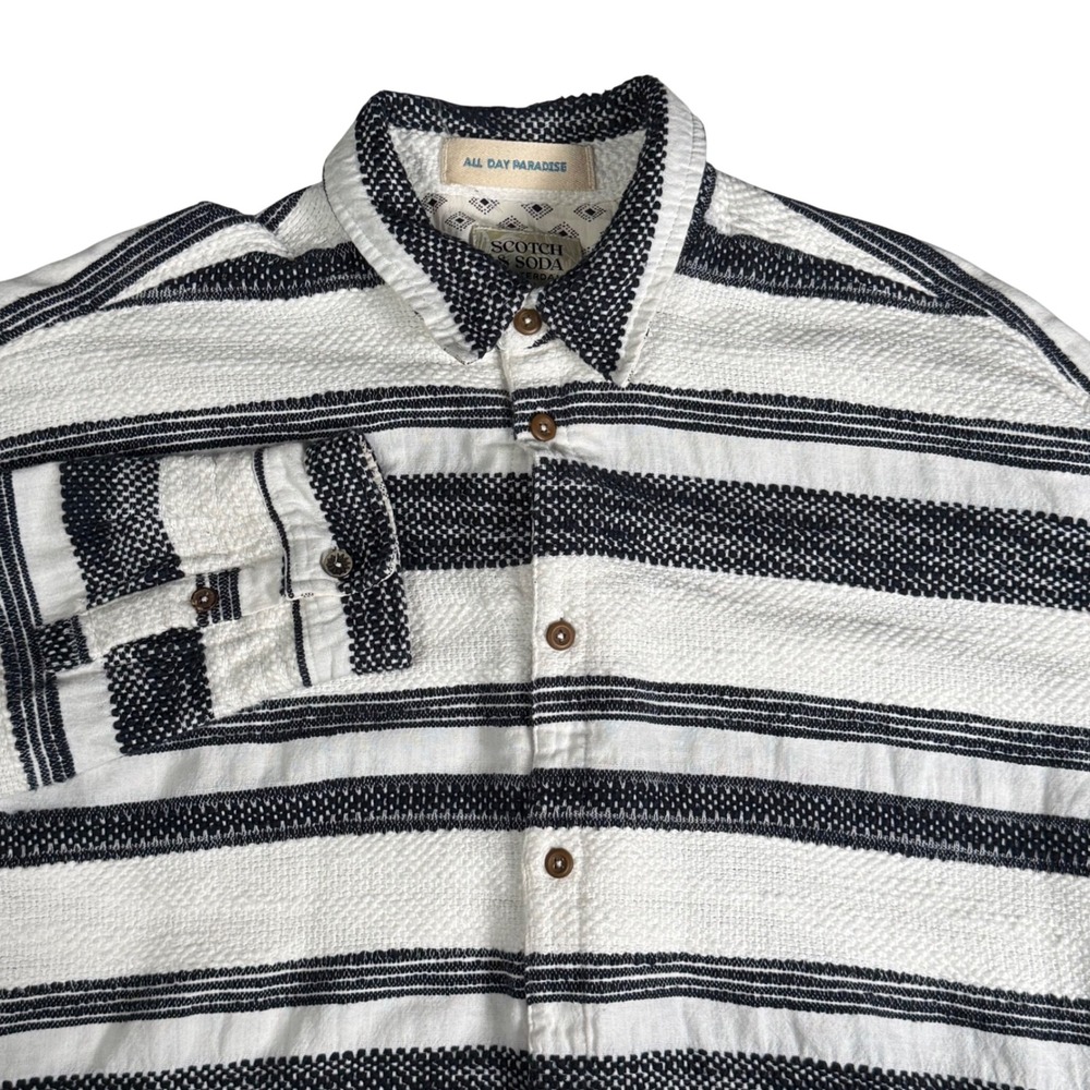 Scotch &‎ Soda Mens M Basketweave Voile Shirt Striped Cotton Linen Long Sleeve